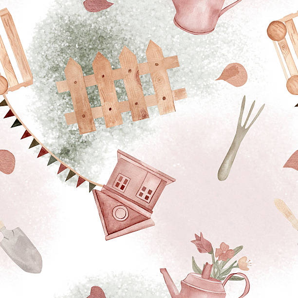 istock Watercolor hand drawn themed seamless pattern with tools, a birdhouse, picket fence, flowers, and bunting. Hand drawn colorful painted watercolor background. For fabric, wrapping paper and stationery 2232318693