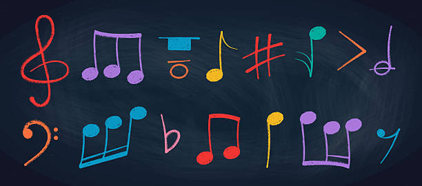 istock Crayon pastel or chalk music note signs doodle hand drawn symbol shapes set. 2232320525