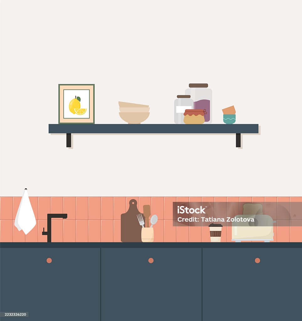 Kitchen Interior Design Vector Illustration In Flat Style Stock ...