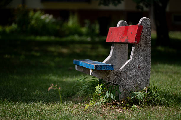 A weathered concrete bench with a red backrest and blue seat stands in a grassy outdoor area. The faded paint and small plants growing around its base emphasize a sense of age and abandonment, while the soft natural light creates a calm, nostalgic atmosphere.