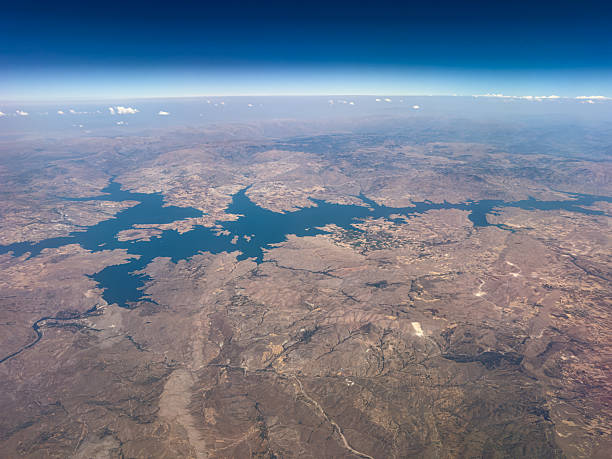 Keban Dam Lake from flying flight created by Keban Dam built on Euphrates