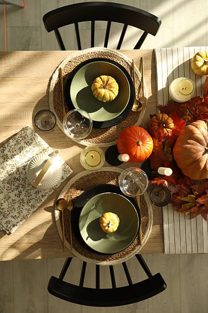 istock Stylish table setting with beautiful autumn decor in dining room, top view 2232345200