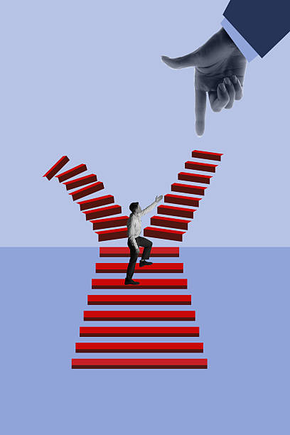 Creative collage of man climbing broken red stairs guided by pointing giant hand. Concept of leadership strategy, career development, personal growth, and education platforms.