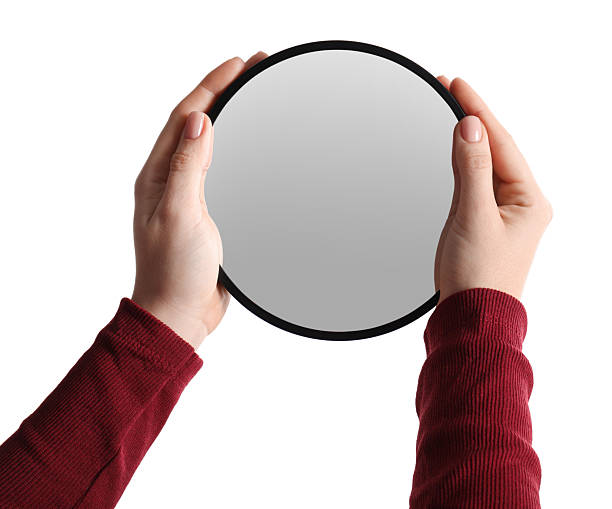 istock Woman holding round mirror on white background, closeup 2232345900