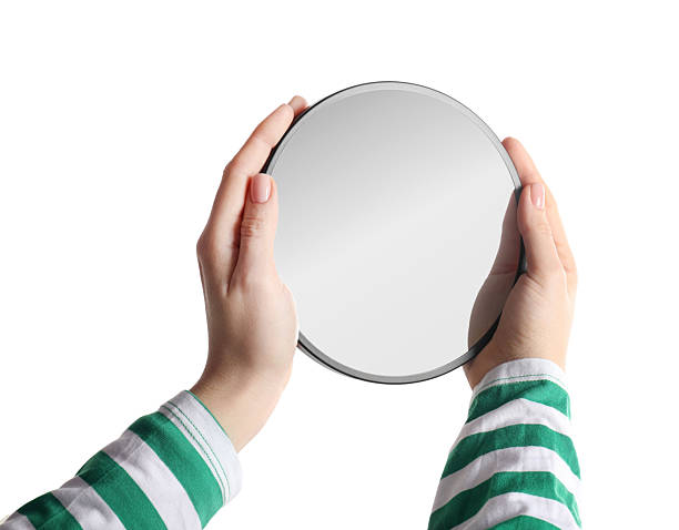 istock Woman holding round mirror on white background, closeup 2232345934