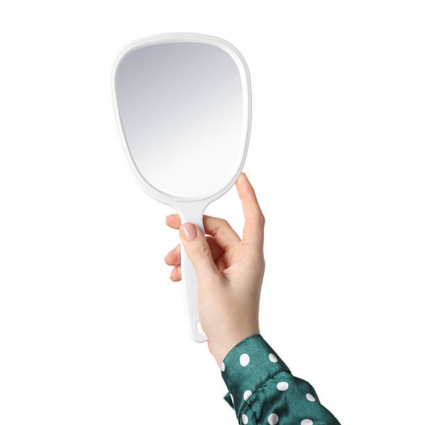 istock Woman holding mirror on white background, closeup 2232345938