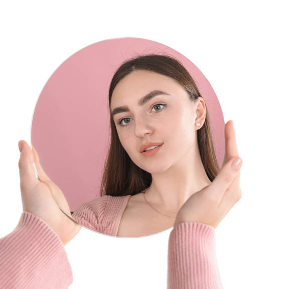 istock Woman holding round mirror on white background, closeup 2232345961