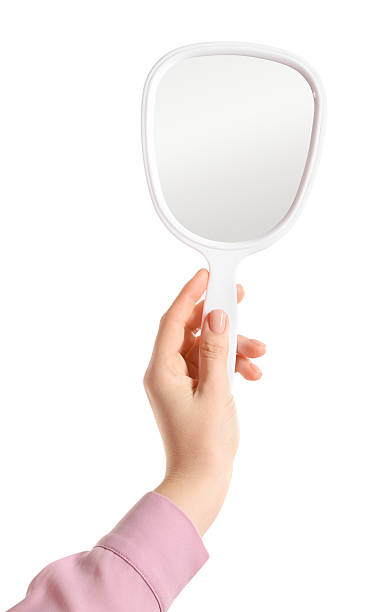 istock Woman holding small mirror on white background, closeup 2232345980