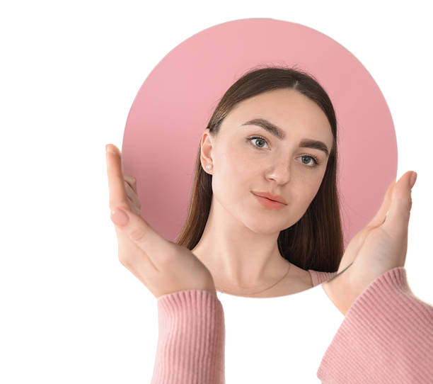 istock Woman holding round mirror on white background, closeup 2232346007