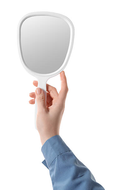 istock Woman holding small mirror on white background, closeup 2232346015