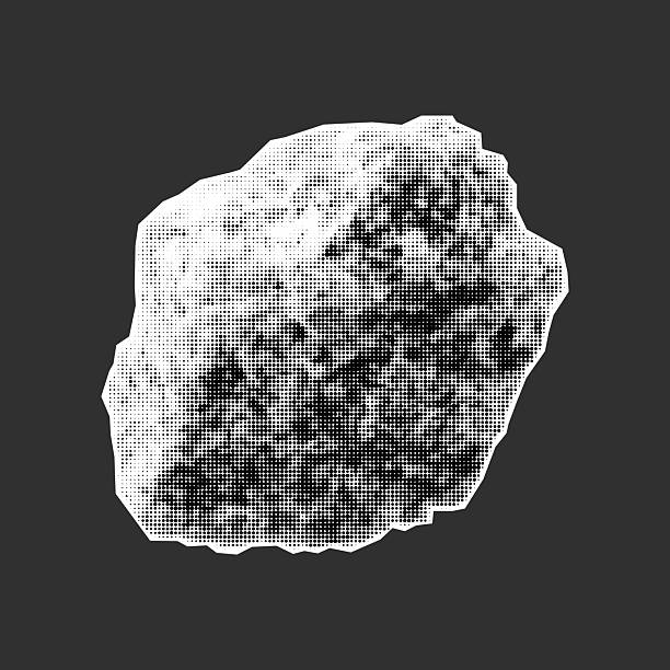 Crystal, halftone xerox texture with speckled grain, paper cutout mineral silhouette in retro collage composition.