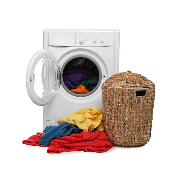 istock Modern washing machine and laundry basket isolated on white 2232349065