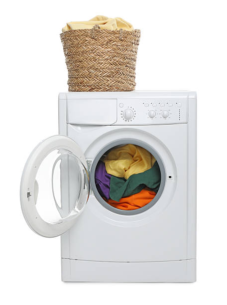istock Modern washing machine and laundry basket isolated on white 2232349066