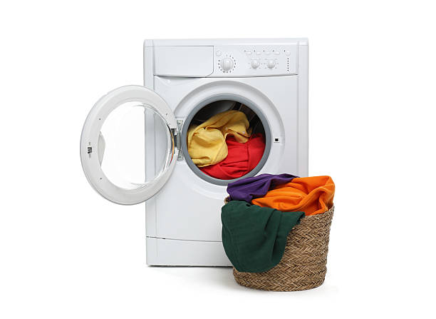 istock Modern washing machine and laundry basket isolated on white 2232349072