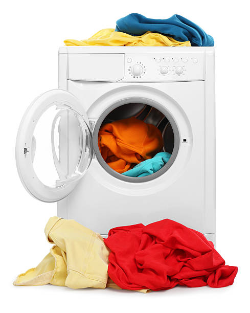 istock Modern washing machine and laundry isolated on white 2232349093
