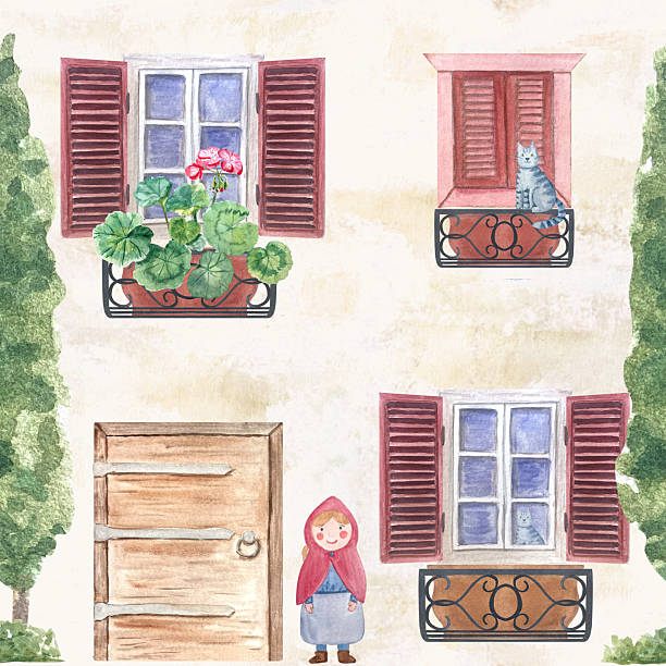 Mediterranean-style house facade with shuttered windows, flower pots, cat, front door, girl in red hood. Watercolor seamless pattern perfect for children books, story illustrations, cards, playful designs.