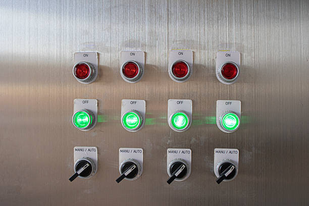 istock Red, green light led on electric Control Panel showing on/off status 2232350565