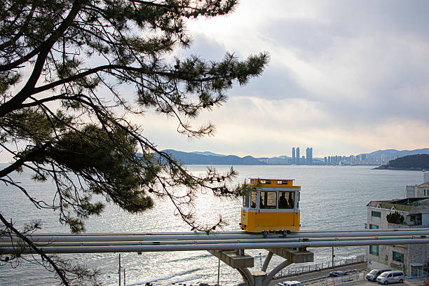 sky capsule train running on seaside railway tracks in Busan, Korea.