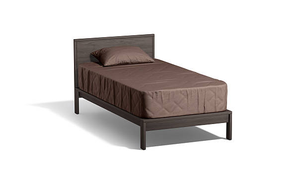 istock Blank wooden single bed with brown bedding mockup, half-turned view 2232355425