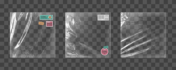 Clear plastic vinyl wrap set - transparent packaging materials, glossy protective film sheets with classic sticker, pink barcode label, price tag of retail display for storage and shipping purposes.