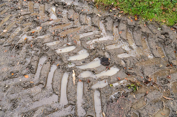 Tire tracks of a tractor on a muddy road or path