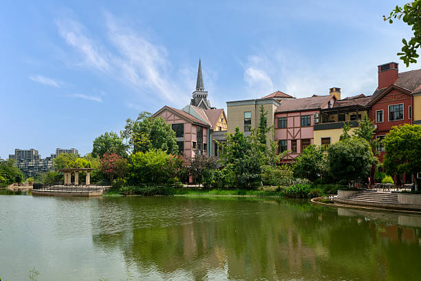Colorful Spanish town by the lake