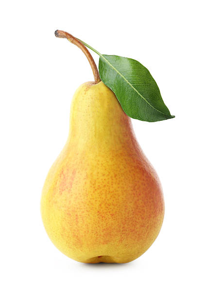 istock Tasty ripe pear with green leaf isolated on white 2232360737