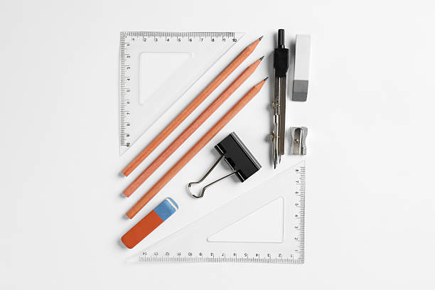 istock Flat lay composition with ruler and other stationery on white background 2232361201