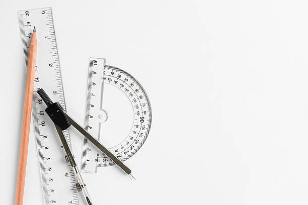 istock Rulers, pencil and compass on white background, flat lay. Space for text 2232361222