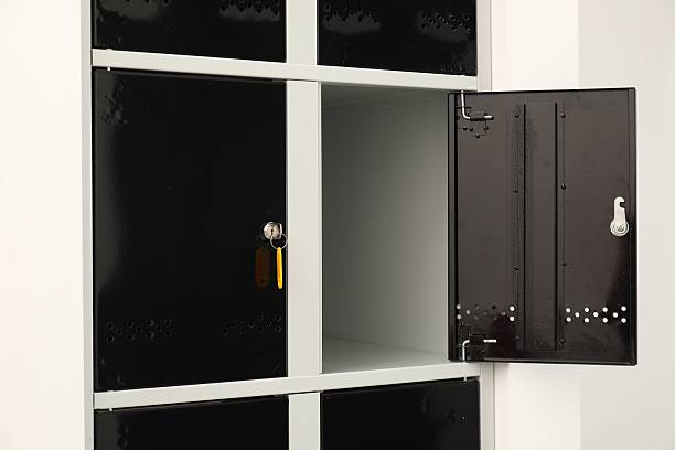 istock Modern lockers with bright key indoors, closeup 2232362933
