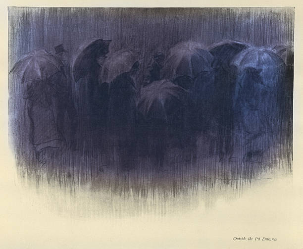 Raining people with umbrellas up, Sketches from Victorian London, Charles Dana Gibson, 1890s 19th Century art, Outsid ethe Pit Entrance