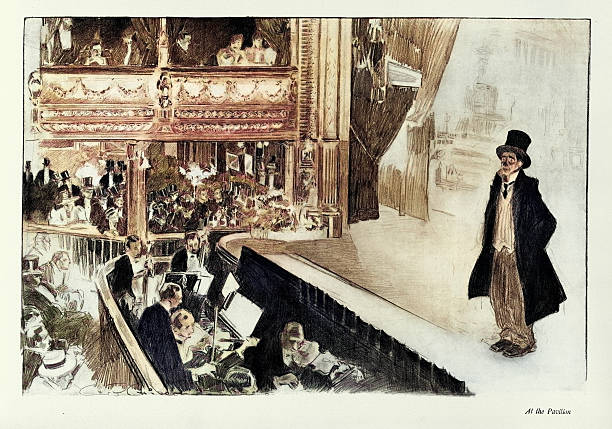 Clown, Comedian performing on stage at the Pavilion Theatre, Sketches from Victorian London, Charles Dana Gibson, 1890s 19th Century art