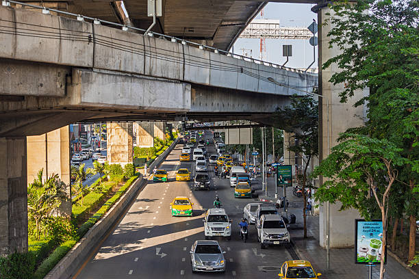 Bangkok, Thailand - 28 December, 2023: road busy traffic on traffic transportation interchange in Bangkok, Thailand. City street in Bangkok of Thailand