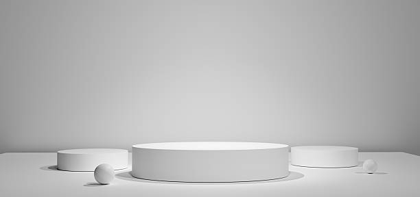 Minimal 3D product display with white cylindrical pedestals and eggs on clean background for cosmetic branding