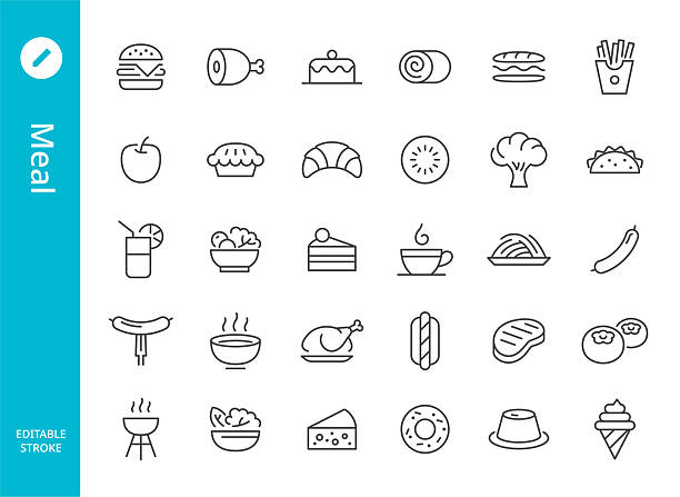 stockillustraties, clipart, cartoons en iconen met meal icons - line series - saladekom