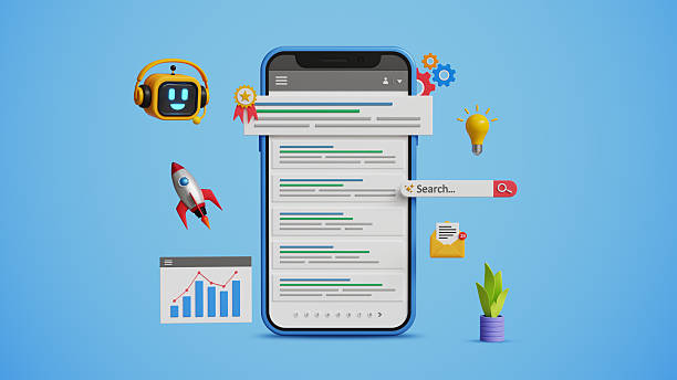 istock SEO optimization for search result, AI SEO, promote website, organic search results. Boost web traffic with help of AI. 3D smartphone with top search ranking, smart bot assistant and marketing icons 2232392885