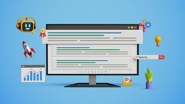 istock SEO optimization for search result, AI SEO, promote website, organic search results. Boost web traffic with help of AI. 3D computer with top search ranking, smart bot assistant and marketing icons 2232392886