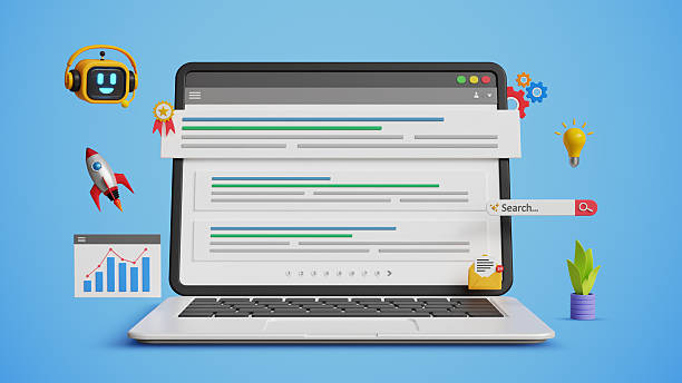 istock SEO optimization for search result, AI SEO, promote website, organic search results. Boost web traffic with help of AI. 3D laptop with top search ranking, smart bot assistant and marketing icons 2232392887