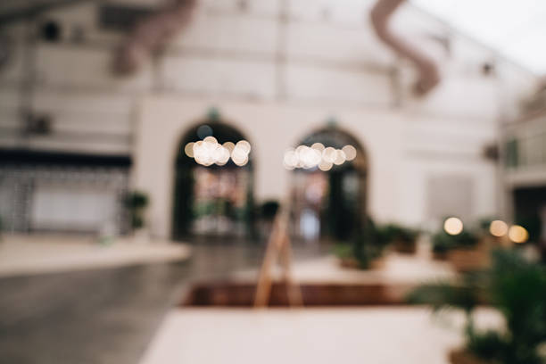 Blurred Interior View of a Modern Event Space with Decorative Lighting and Greenery Accents.