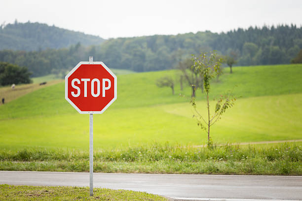 istock Stop traffic sing on country road with forest and meadow background. 2232394820