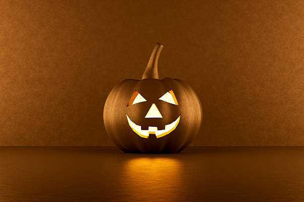 Glowing Halloween Pumpkin with Jack O’ Lantern Face on Black Background. Digitally generated image. 3d render.