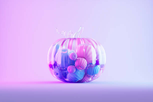 Glass Pumpkin Filled with Decorative Elements, Halloween Concept. Digitally generated image. 3d render.