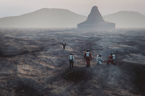 Astronauts on exo planet with ancient civilization ruins. 3D generated image.