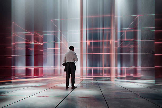istock Businessman using phone standing in futuristic VR environment 2232400700