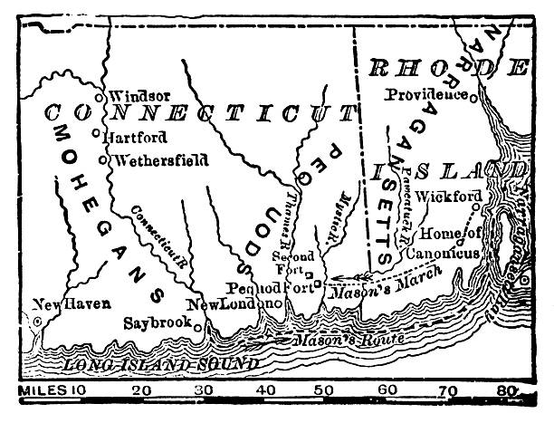 Map of the theater of the Pequot War, Indigenous territory and European colonies in Connecticut, USA during Pequot War (circa 17th century). Vintage etching circa 19th century.