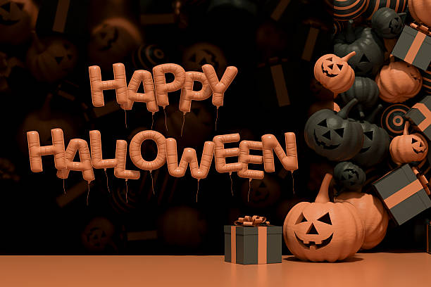 Happy Halloween Balloons with Pumpkins Background. Digitally generated image. 3d render.