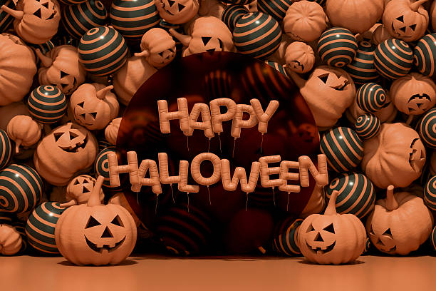 Happy Halloween Balloons with Pumpkins Background. Digitally generated image. 3d render.