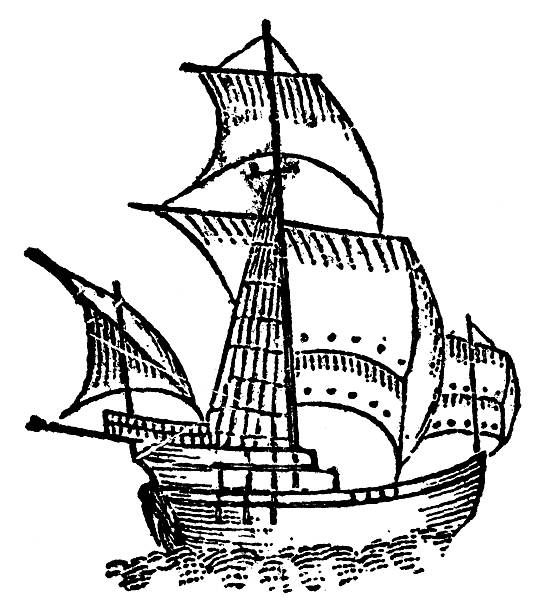 Line art drawing of tall ship sailing the sea. Vintage etching circa 19th century.