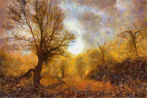 Landscape oil painting showing old forest on a beautiful autumn day.