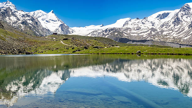 View of Adlerhorn peak near Fluhalp hut in Switzerland alps